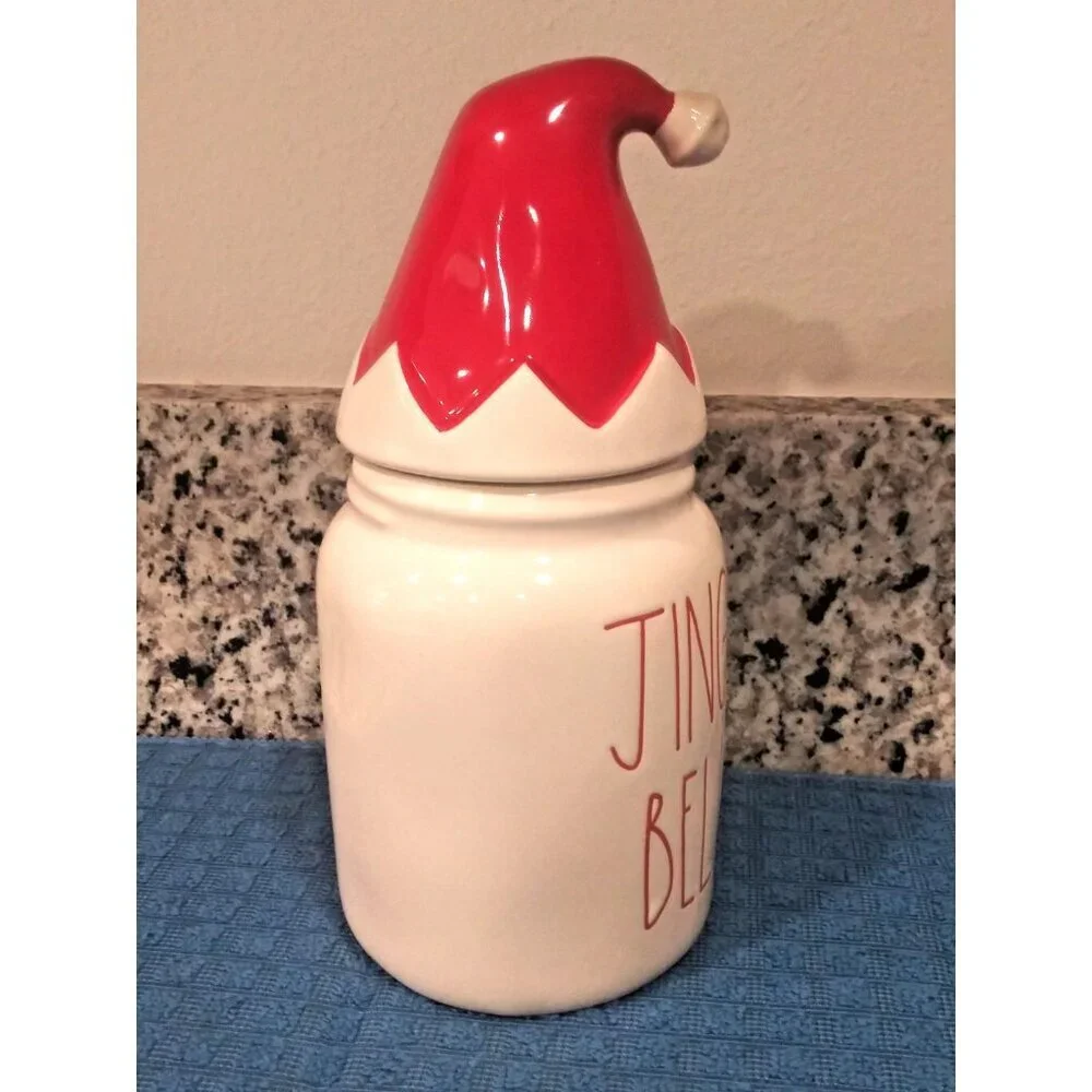 Rae Dunn JINGLE BELLS CANISTER Cookie Jar Santa Elf Hat Holiday Christmas EUC 9